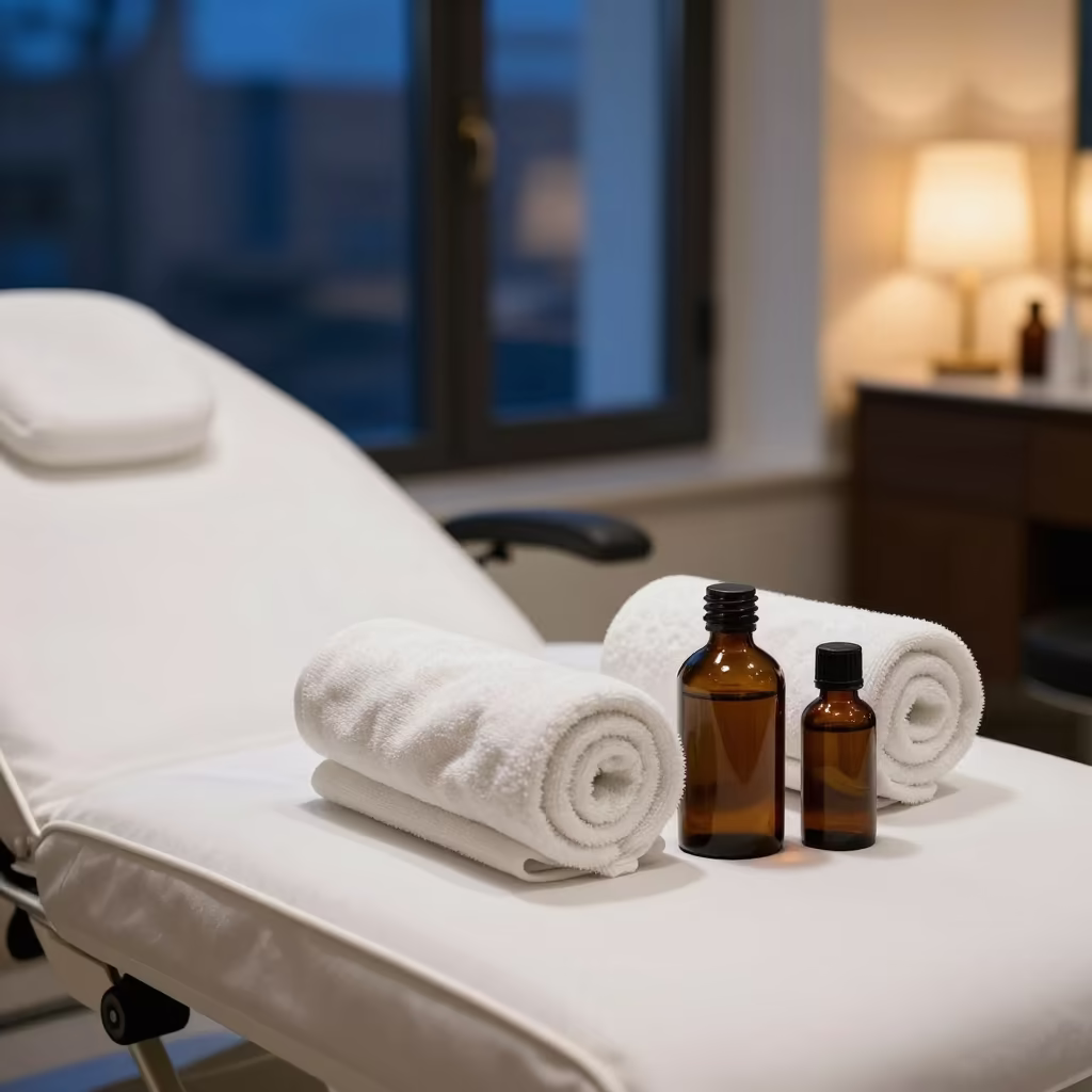 Tehran Salon Bed with Amber Bottles and Towels in inside a salon row in Tehran