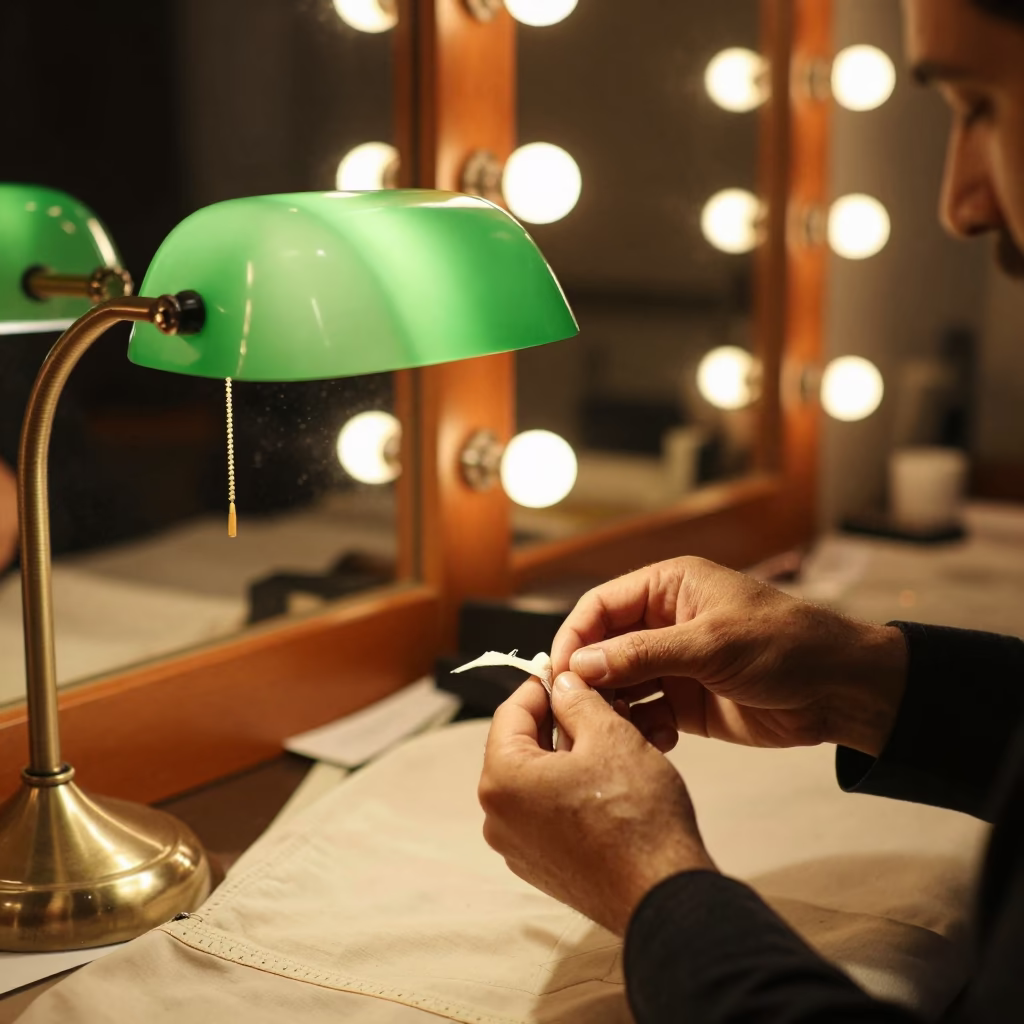 Tehran Tailor Finishing Sleeve Placket Under Green Lamp in beside a mirror lined with makeup bulbs in Tehran