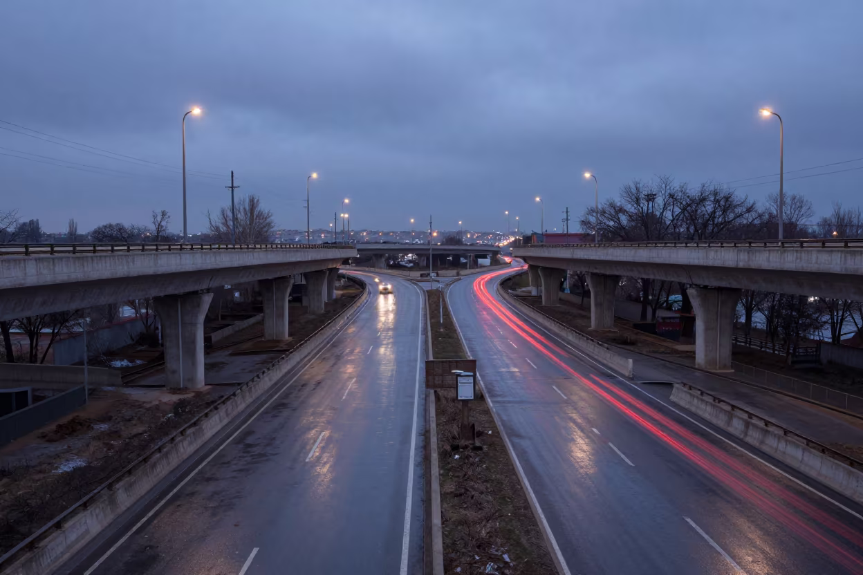Tekirdağ Overpass Interchange in Winter Twilight in across a windy overpass interchange near Tekirdağ