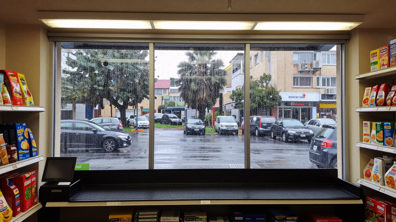 Tel Aviv Checkout Counter with Rain Streaks on Glass in at a checkout lane under flat store light in Tel Aviv