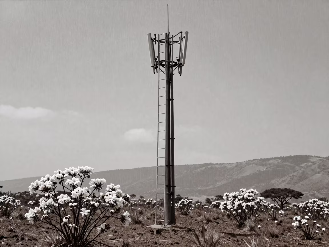Telecom Mast Ladder Cage Amidst Bog Cotton Kenya in beneath transmission towers in Kenya