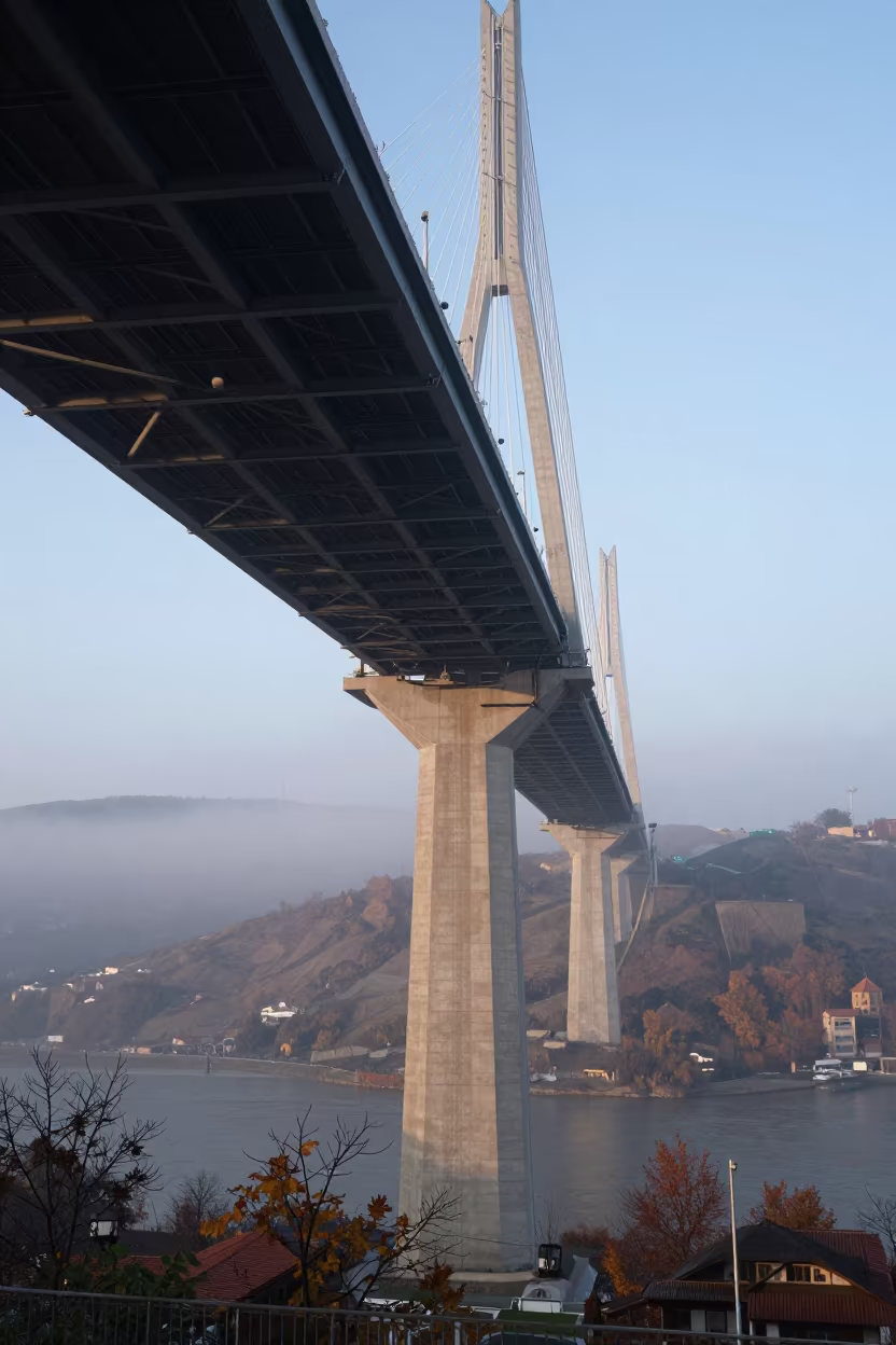 Telecom Mast Platform Above Clouds Near Tbilisi Bridge in under a cable-stayed bridge span near Old Town, Tbilisi
