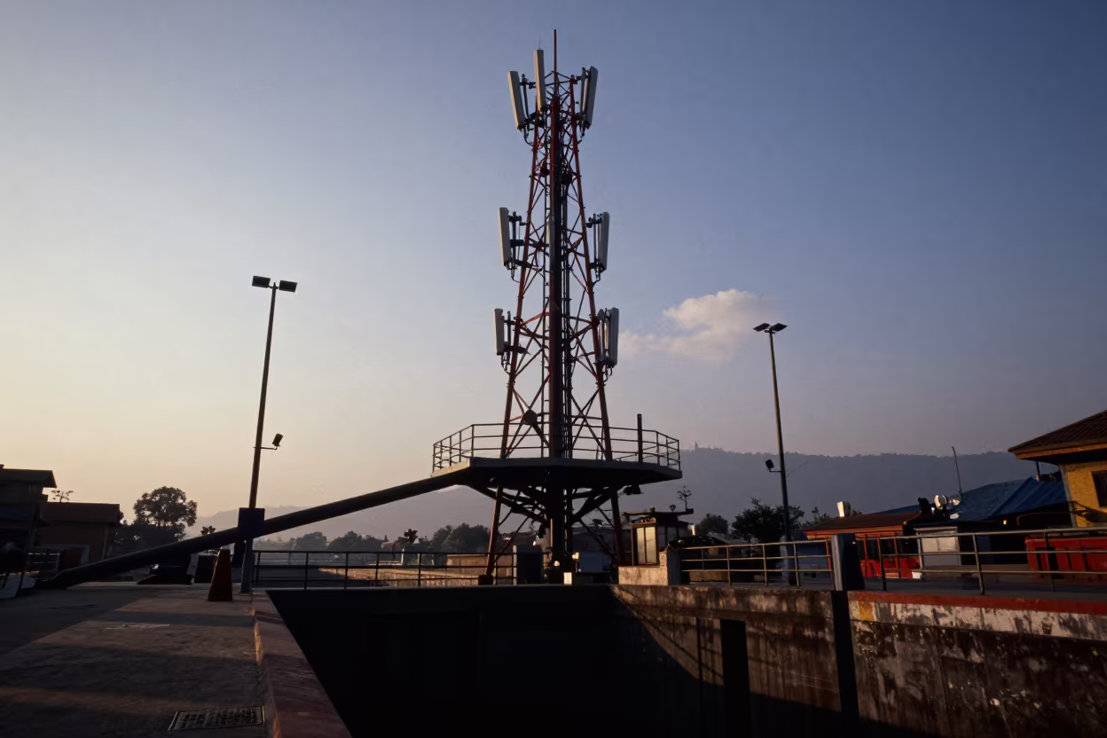Telecom Mast Platform Over Clouds at Swayambhu Lock in at a canal lock chamber in Swayambhu, Kathmandu