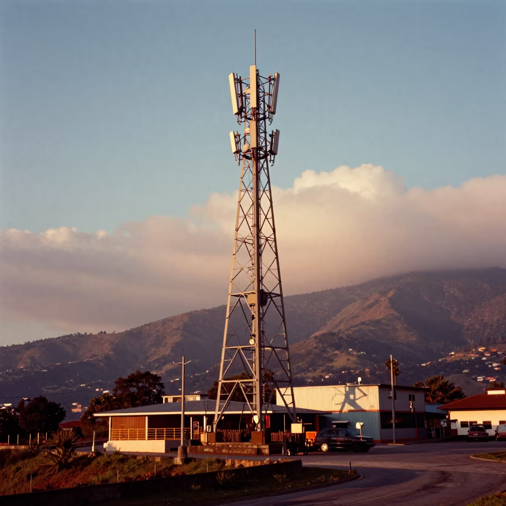 Telecom Mast Platform Over Cloudy Pass in across a windy overpass interchange in Colombia