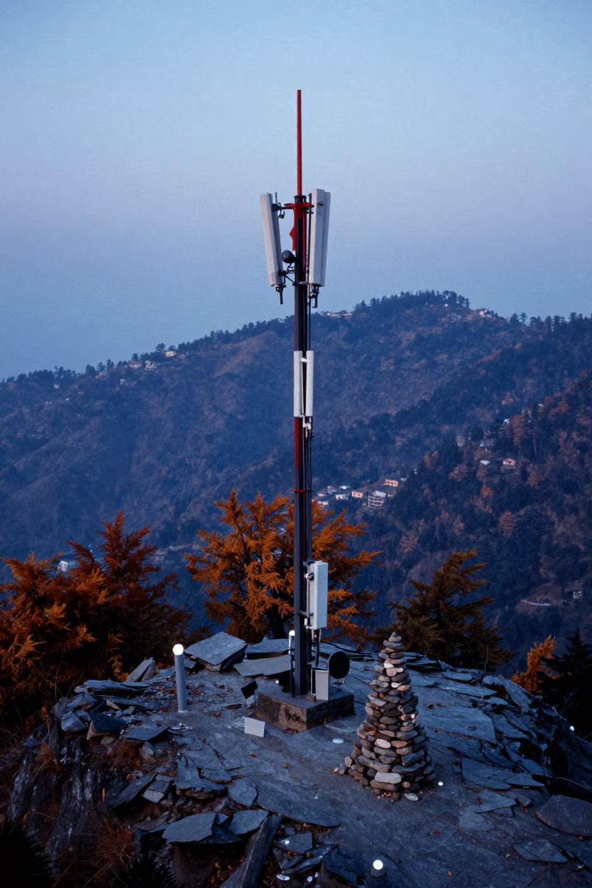 Telecom Mast Twilight Summit Cairn Shimla in beside a summit cairn above the tree line near Shimla