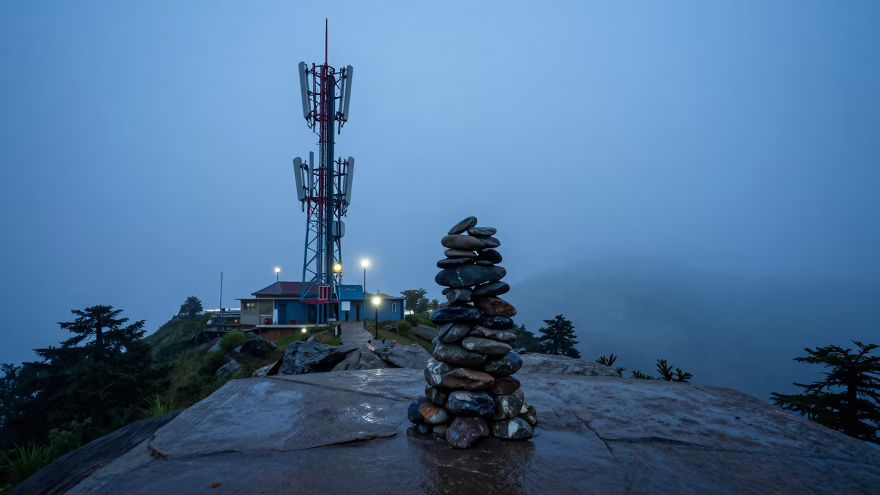 Telecommunication Mast and Cairn at Twilight in beside a summit cairn above the tree line near Shimla