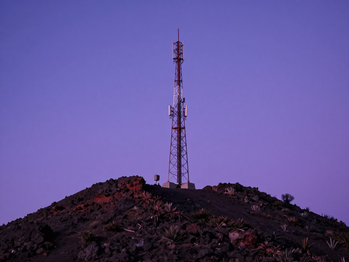 Telecommunication Mast on Volcanic Summit at Indigo Twilight in Quito Ecuador in in Quito, Ecuador