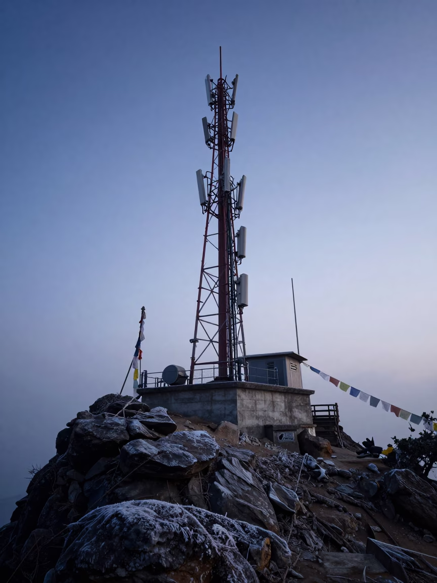 Telecommunication Mast on Rocky Summit at Twilight in on a wind-cut ridge below prayer flag lines near Kathmandu