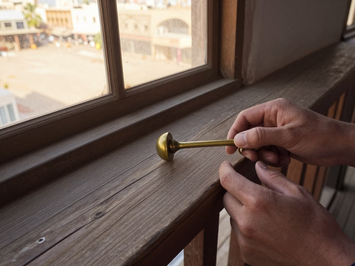 Telegraph Operator Tapping Brass Key on Pier Railing in on a pier railing near Hamad Town