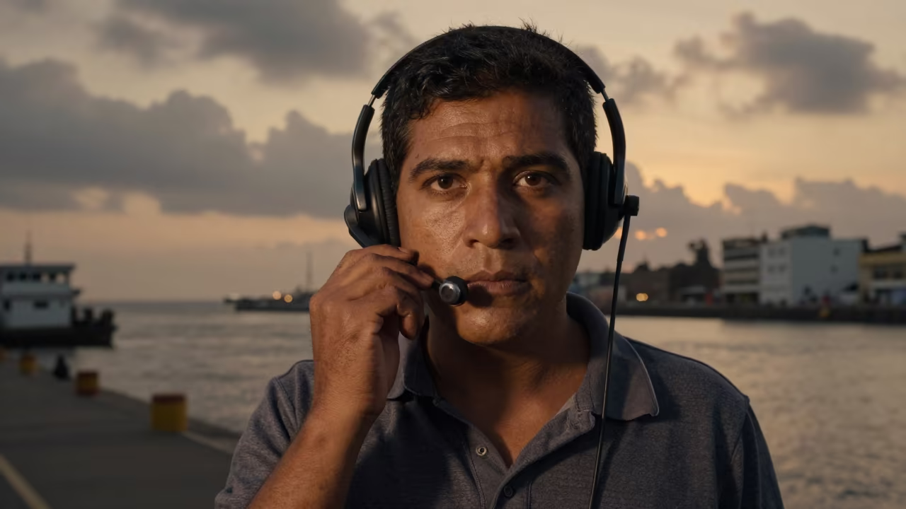 Telegraph Operator in Lima Harbor Evening Light in at a harbor edge in Rimac, Lima