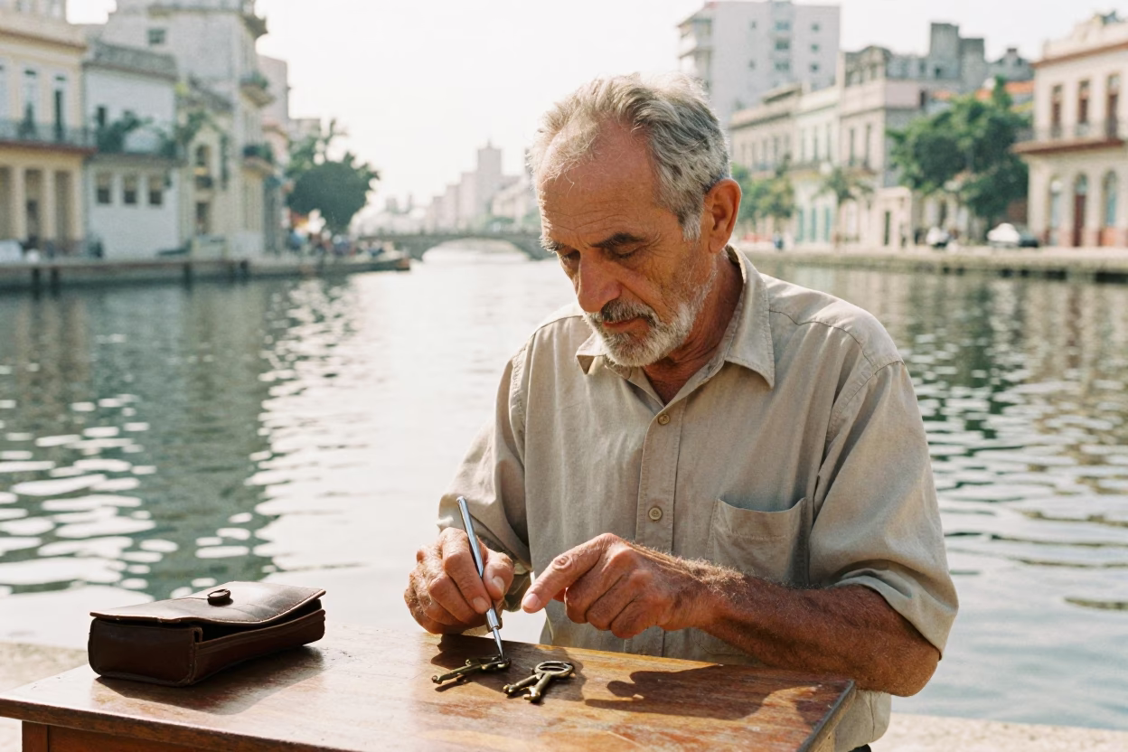 Telegraph Operator Tapping Fingers Beside Havana Canal in beside a canal in Havana