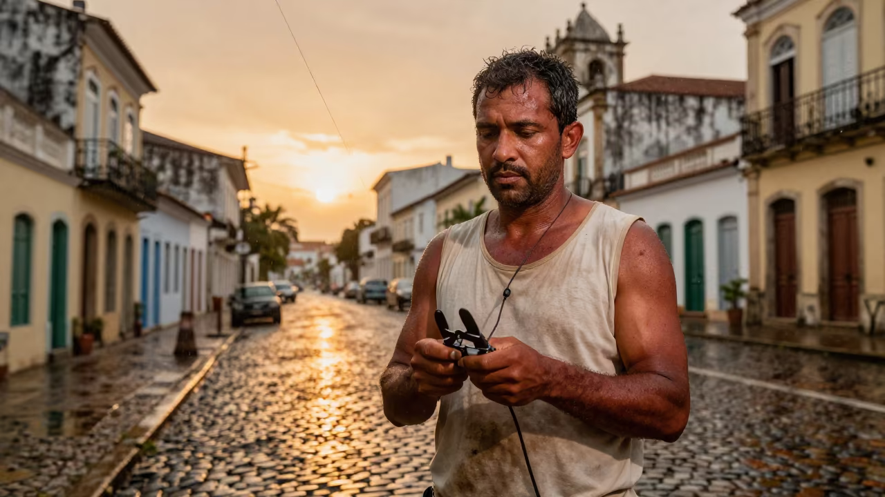 Telegraph Worker Portrait in Sao Luis Wet Season in in the old quarter in Sao Luis