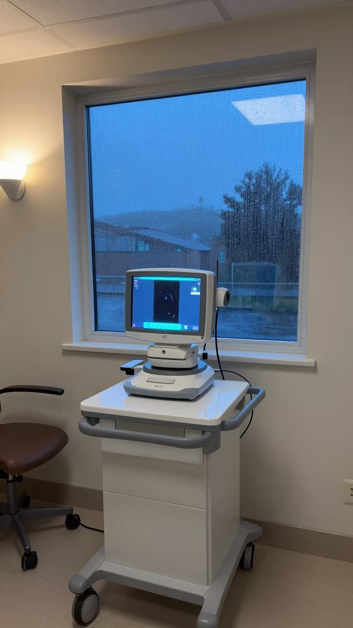 Telehealth Cart at Nurse Station Before Dawn in at a nurse station under monitor glow in Mekele