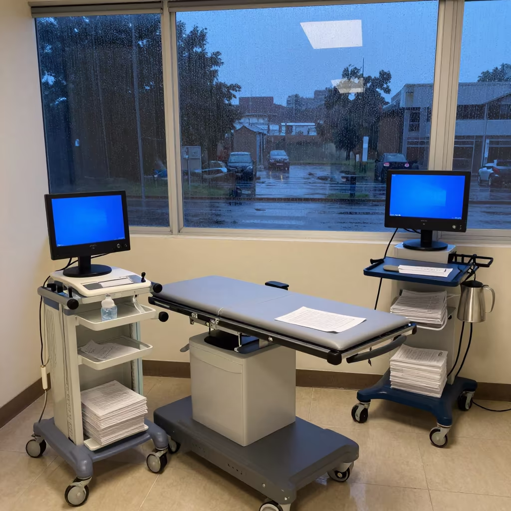 Telehealth Cart at Nurse Station Freetown Monsoon in at a nurse station under monitor glow in Freetown