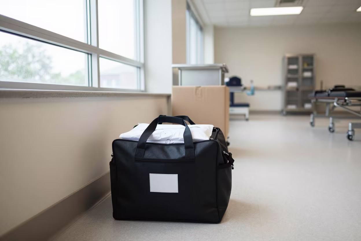 Telemetry Lead Laundry Bag in Nelson Rehab Gym in inside a rehabilitation gym in Nelson