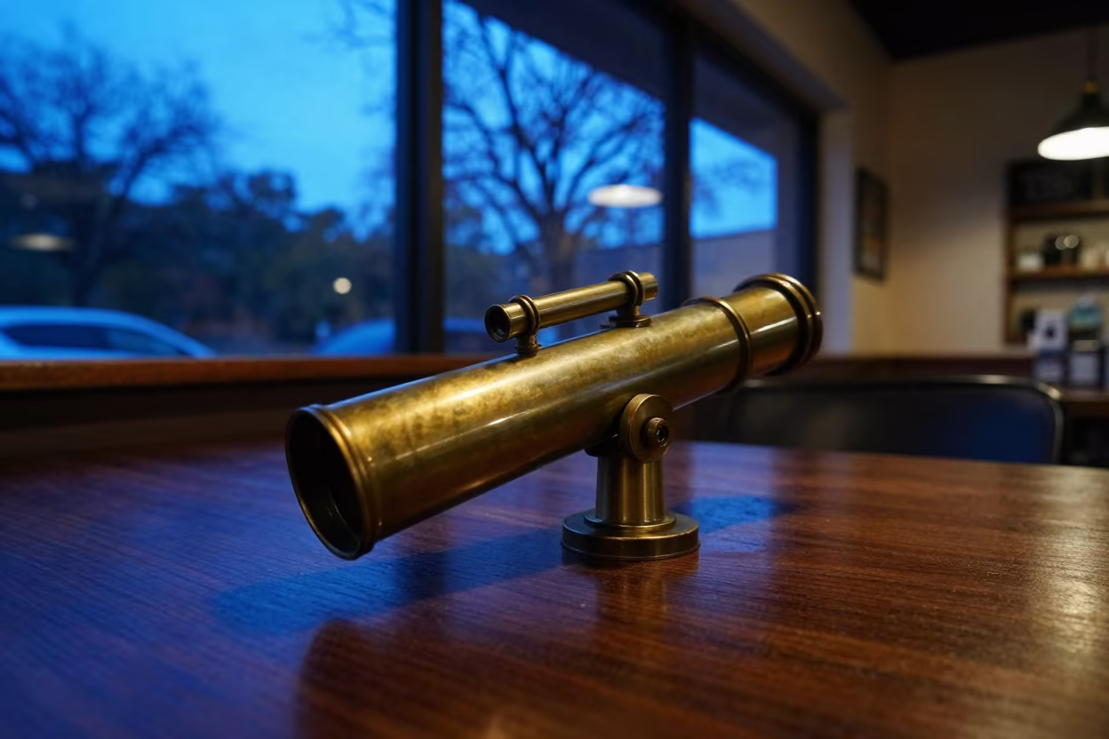 Telescope on Cafe Table Blue Hour Austin in on a cafe table by a window in Zilker, Austin