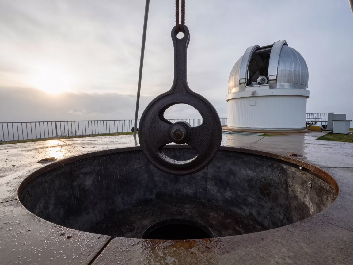 Telescope Counterweight Over Observatory Pit in near a weather balloon launch site in Greece