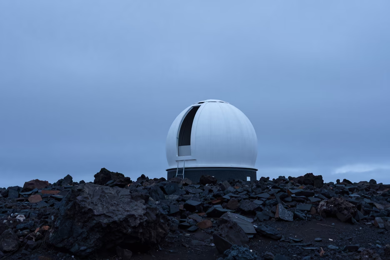 Telescope Dome Opening at Icelandic Twilight in along a rocky geology outcrop in Iceland