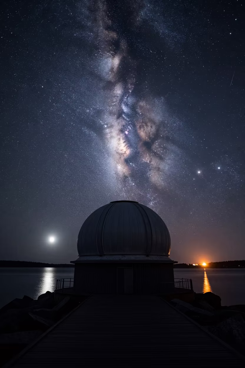 Telescope Dome Silhouette Against Milky Way in from a moonlit breakwater in Sweden