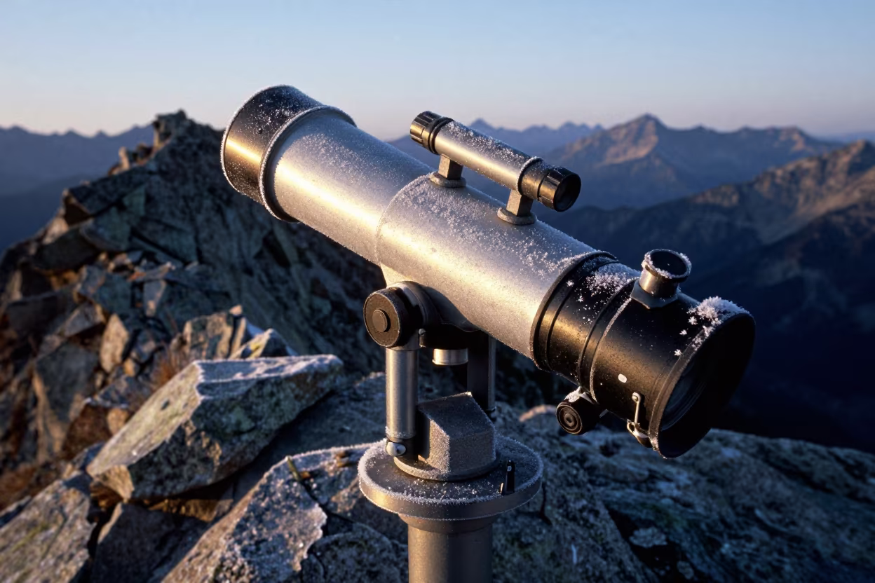Telescope on Frost Ridge at Dawn in along a rocky geology outcrop in Switzerland