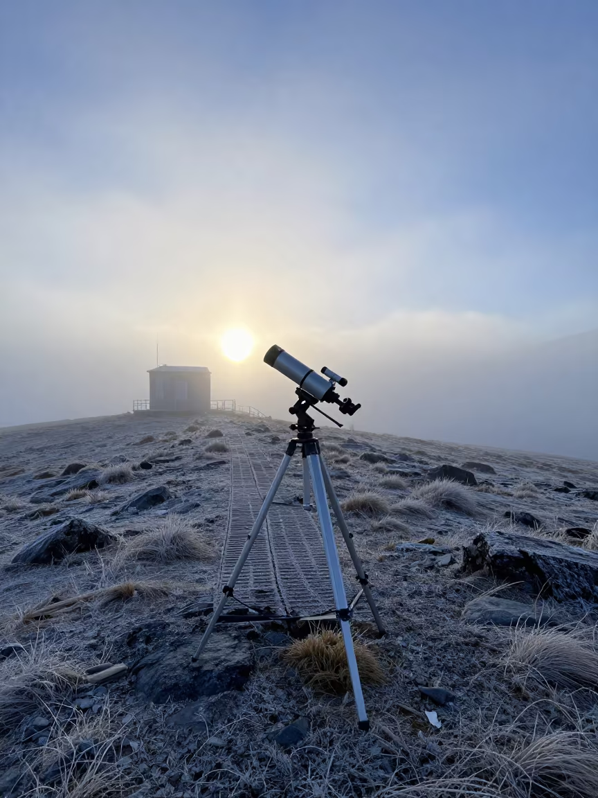 Telescope Over Frost Ridge at Patagonian Dawn in at a remote field station in Patagonia