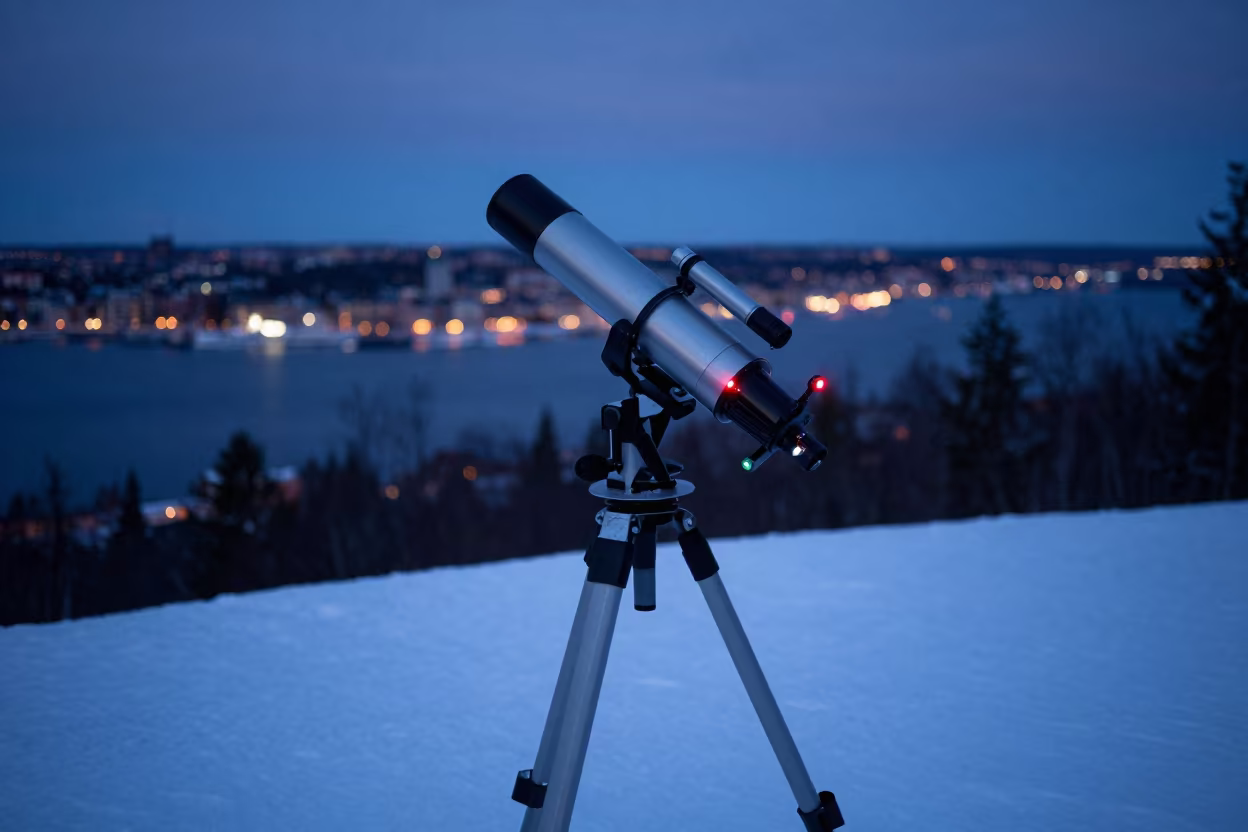 Telescope Tripod in Crusted Snow Above Stockholm Valley in at a remote field station near Stockholm