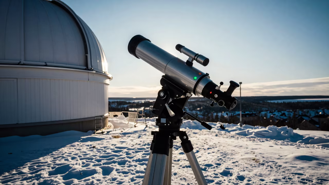 Telescope Tripod in Snow Above Stockholm Valley in beside an observatory dome near Stockholm