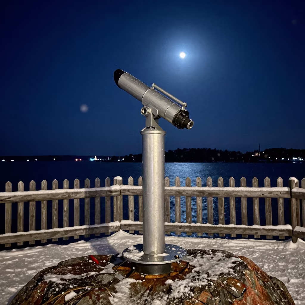 Telescope on Windy Ridge at Night in along a rocky geology outcrop in Suomenlinna, Helsinki