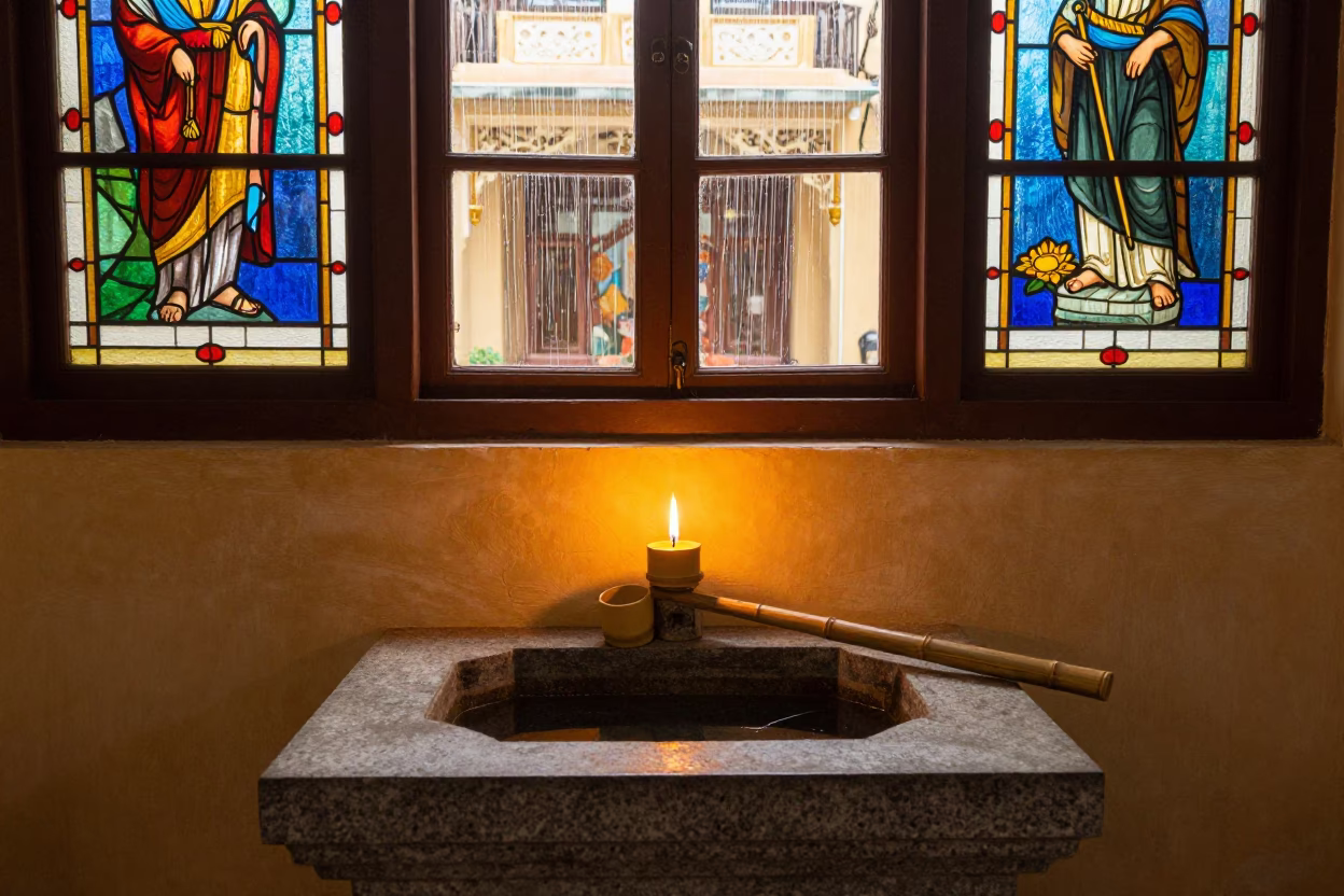 Temizuya Basin and Bamboo Ladle in Chapel in in a chapel lit by stained glass in Thao Dien, Ho Chi Minh City