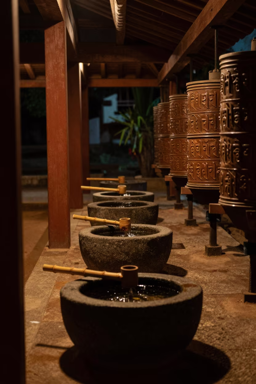 Temizuya Basin and Bamboo Ladle in Dar es Salaam Shrine in beside a prayer wheel corridor in Dar es Salaam