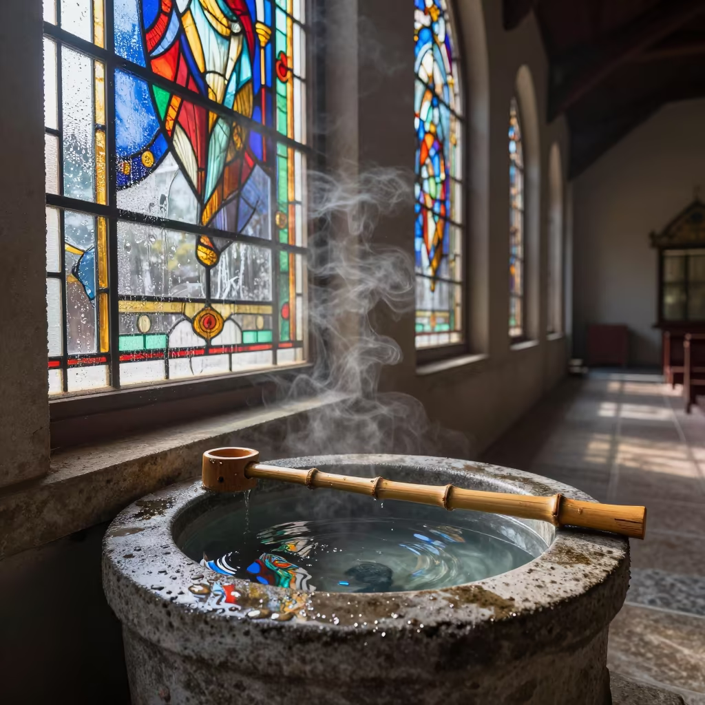 Temizuya Basin in Rio Chapel Stained Glass Light in in a chapel lit by stained glass in Rio de Janeiro