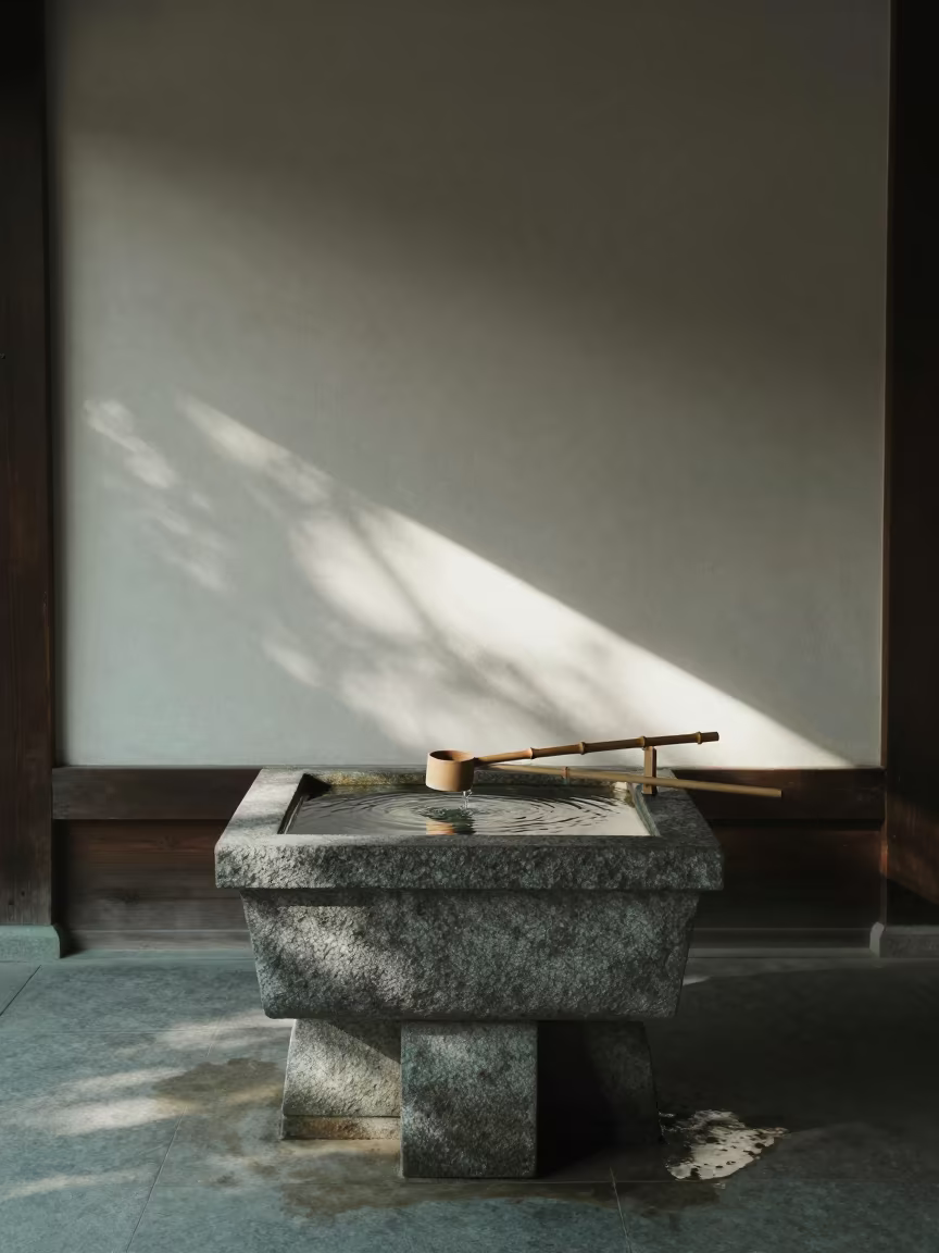 Temizuya Basin Silhouette Against Shrine Light in at the foot of a stone altar in Cartagena