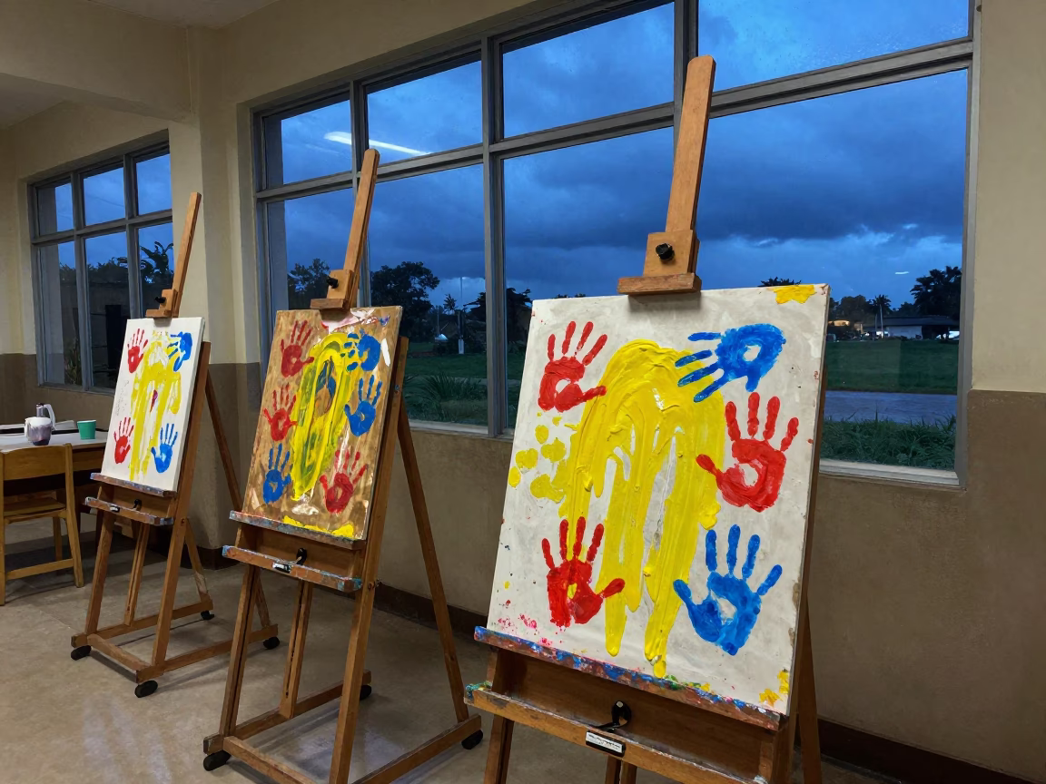 Tempera Handprints on Easel in Kenema School Lab in in a school laboratory near Kenema