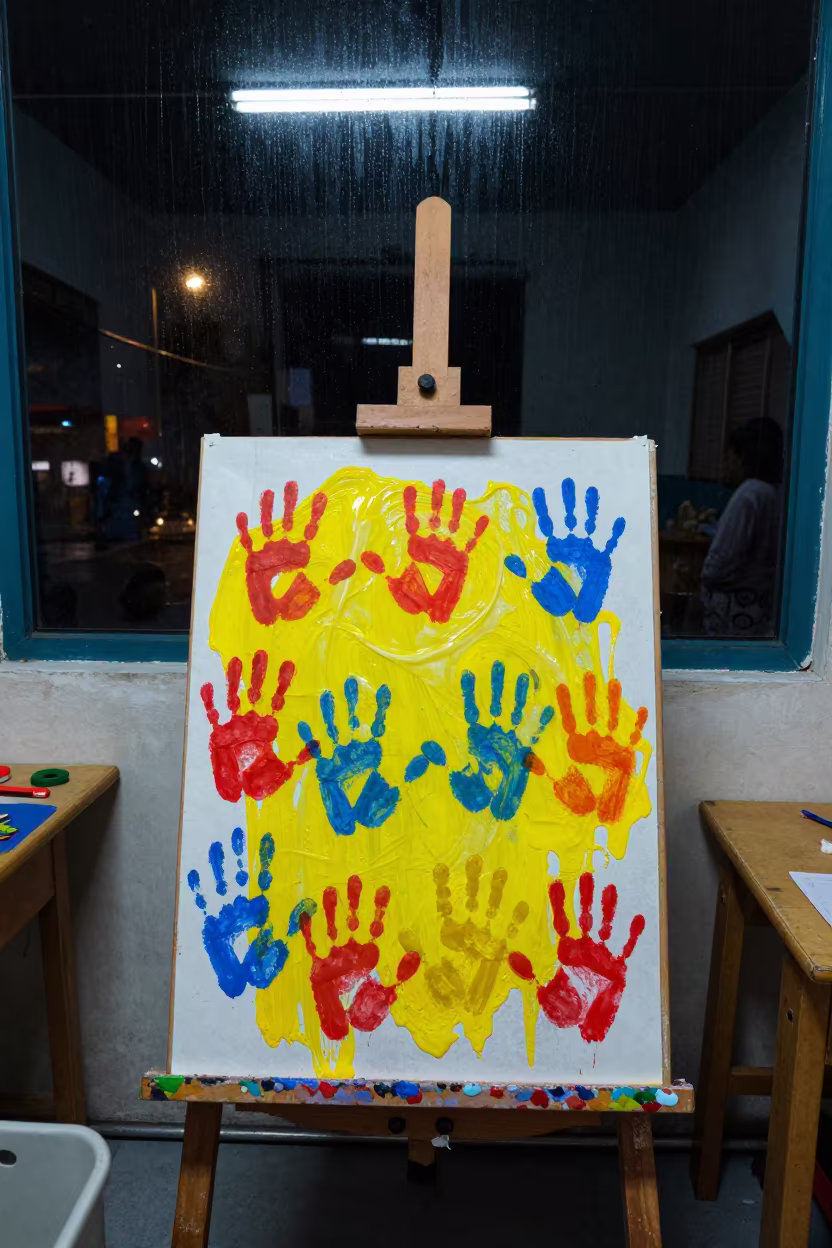 Tempera Handprints on Preschool Easel in Dhaka Classroom in inside a quiet classroom in Old Dhaka, Dhaka