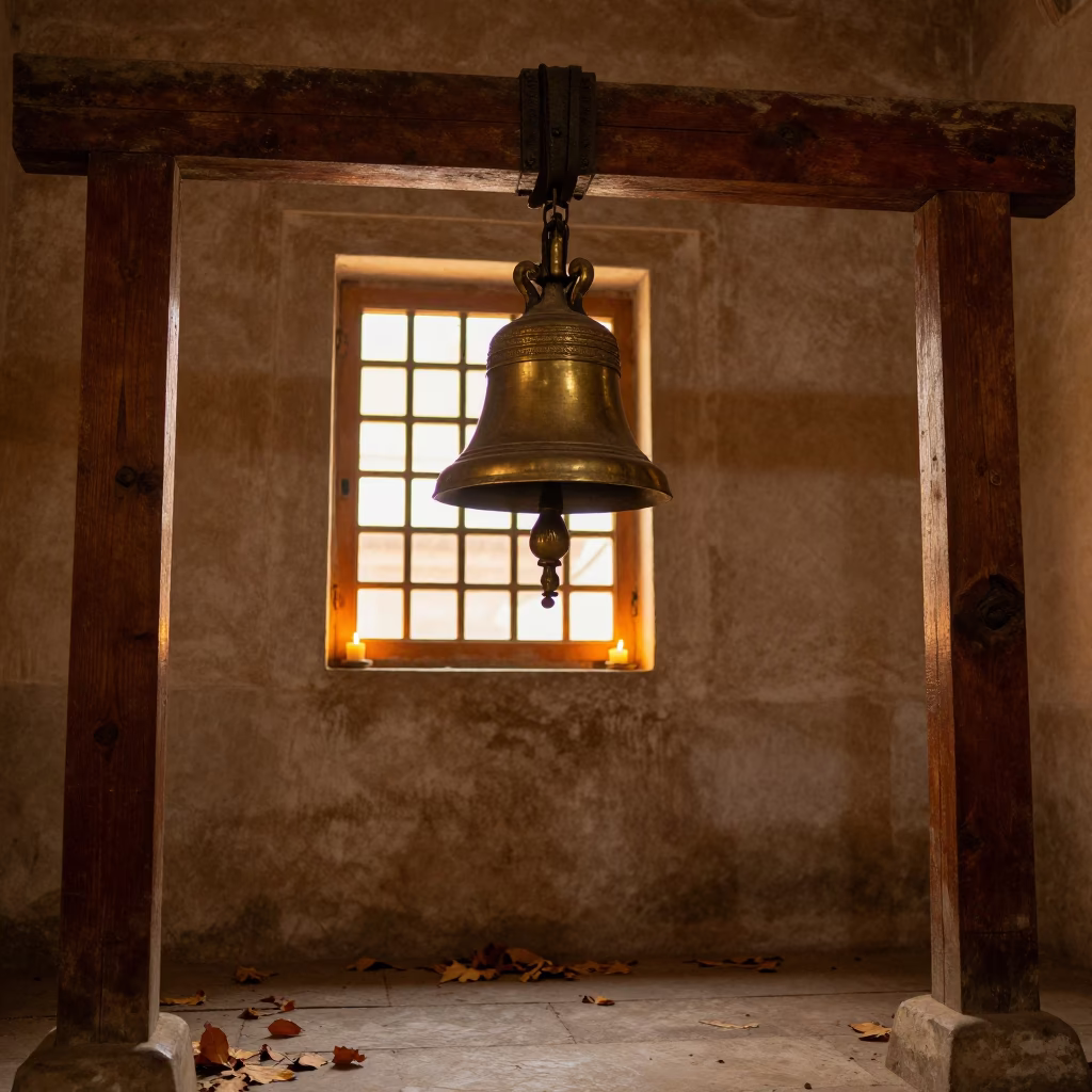 Temple Bell Hanging in Golden Hour Candlelight in inside a candlelit nave in Dera Ghazi Khan