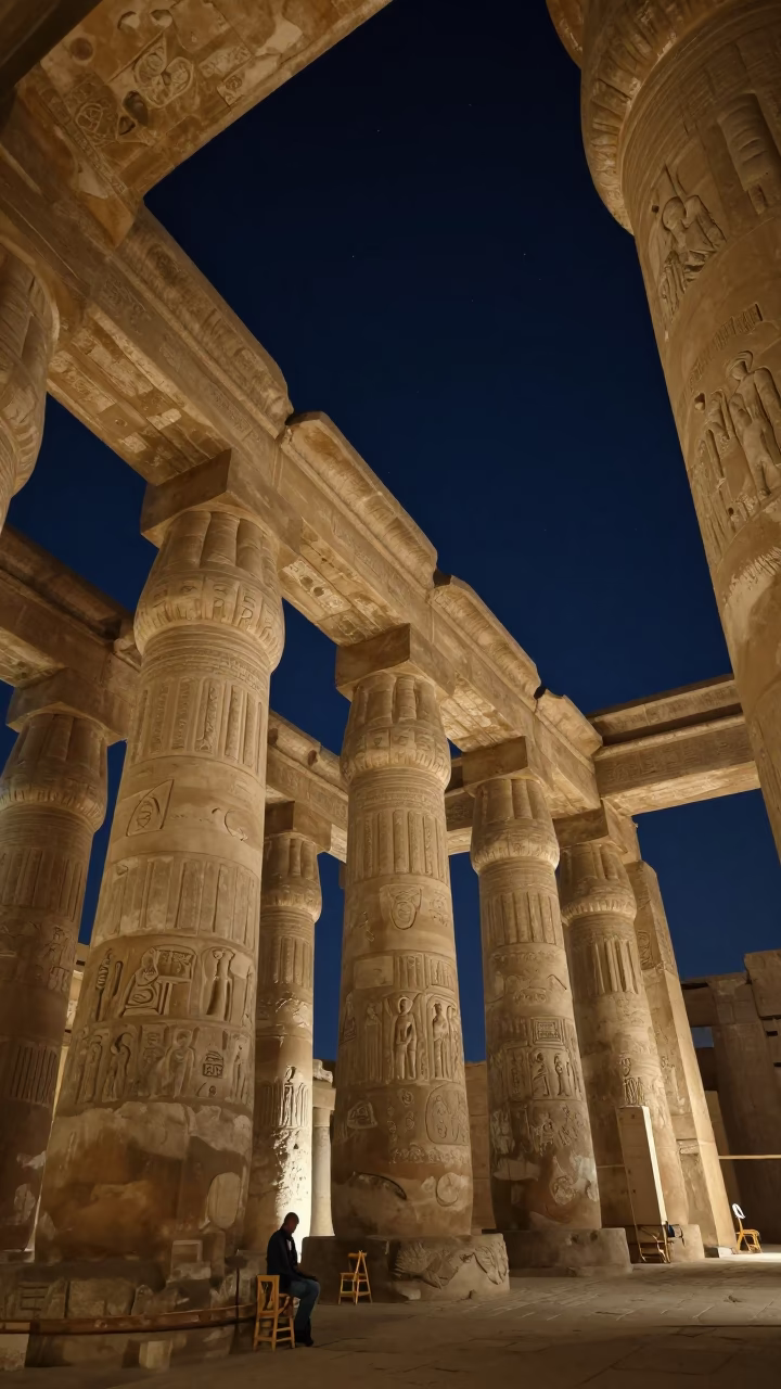 Temple Columns at The Deepest Night Sky Light in Luxor in in Luxor, Egypt