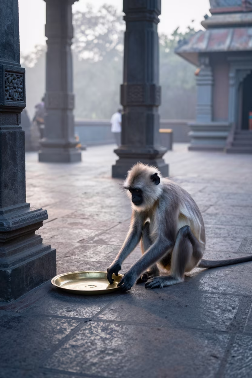Temple Courtyard Monkey Steals Offering at Dawn in in a temple courtyard in Navi Mumbai