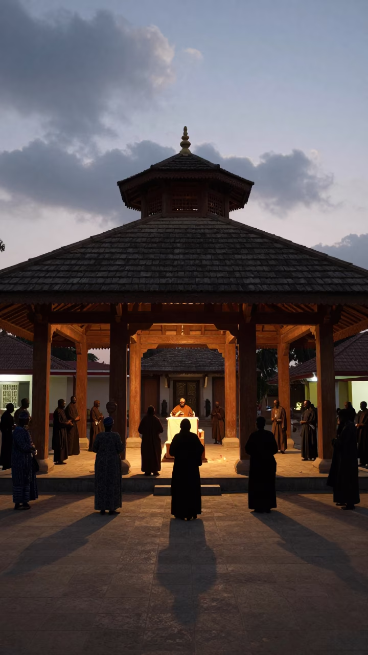 Temple Courtyard Silhouette Before Prayer in beneath a pagoda roof near Makurdi