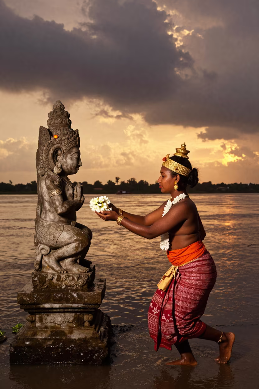 Temple Dancer Offering Flowers at Bailundo River in near a riverside landing in Bailundo