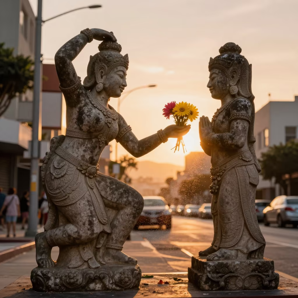 Temple Dancer Offering Flowers Before Stone Deity in in San Francisco