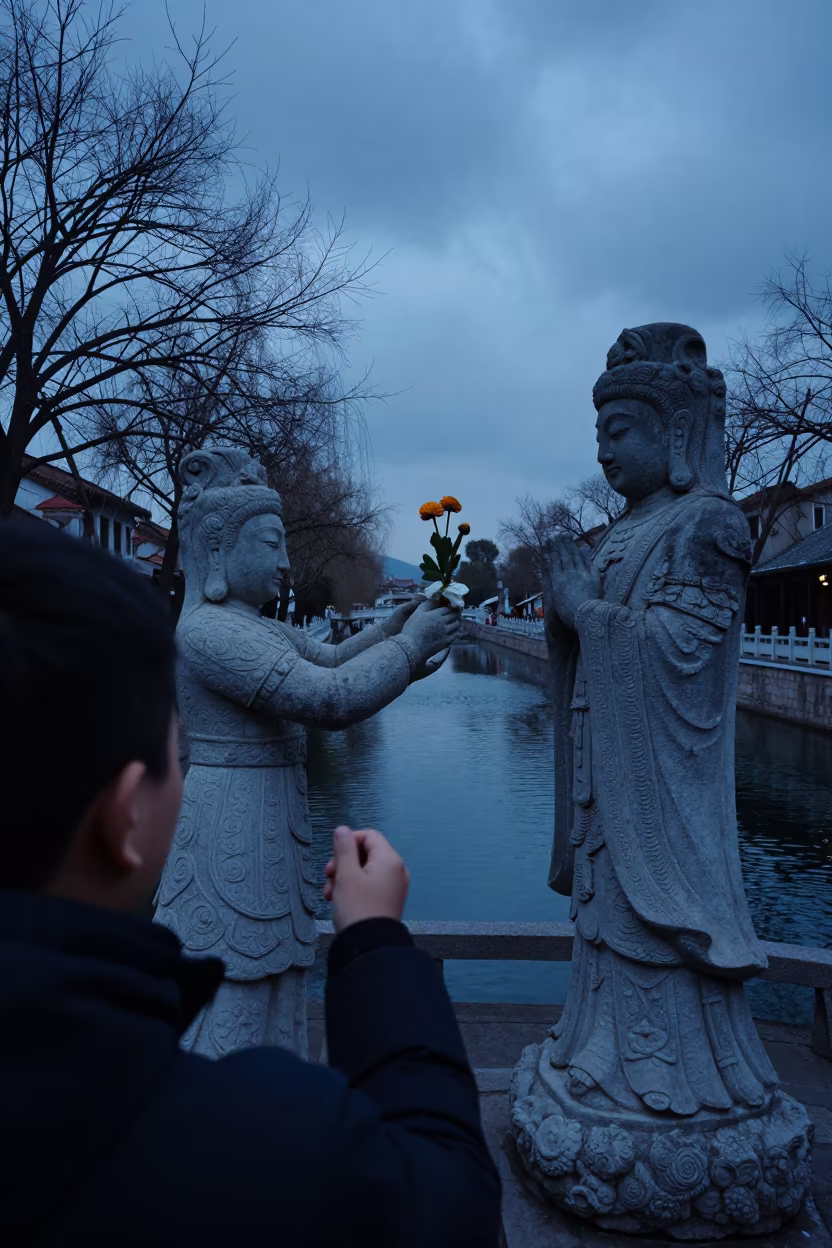 Temple Dancer Offers Flowers at Dalian Canal in beside a canal in Dalian