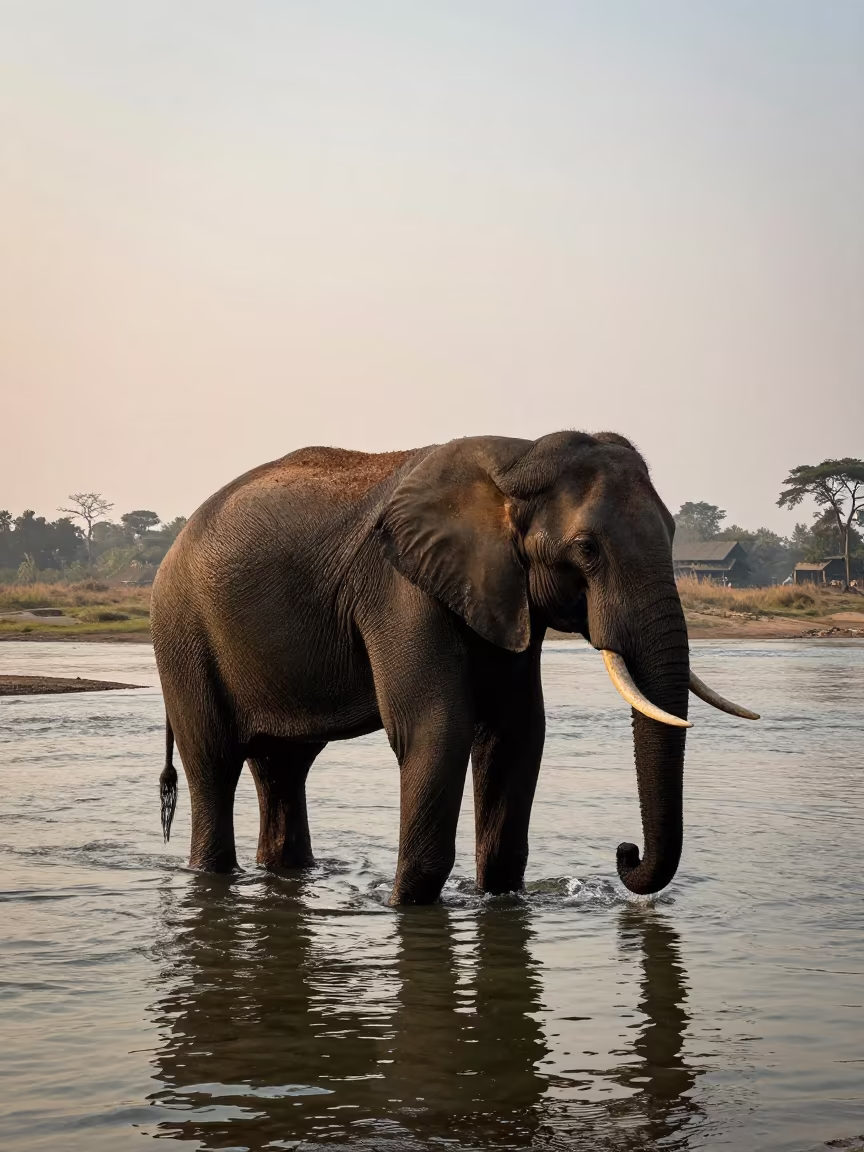 Temple Elephant Bathing in River at Dawn in in a chapel lit by stained glass in Siirt