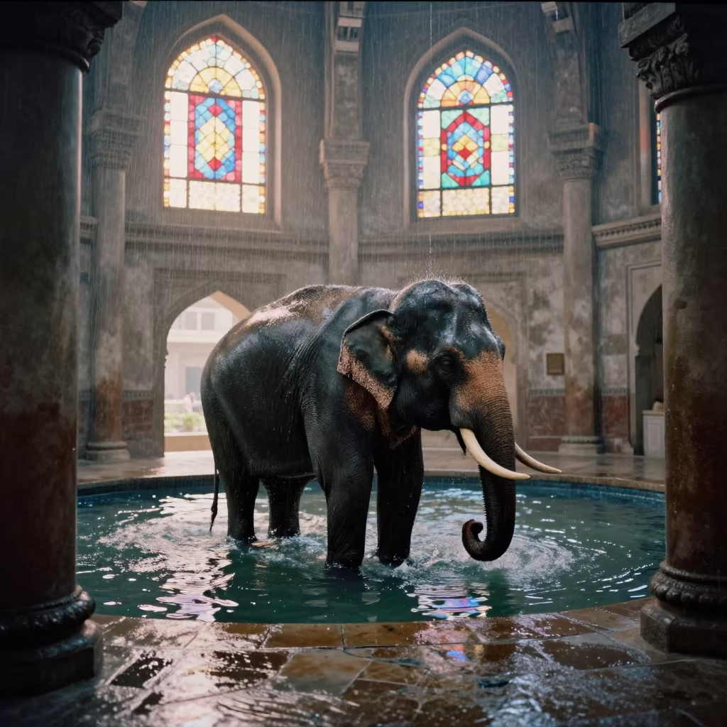 Temple Elephant Bathing in Sanaa Chapel Dawn in in a chapel lit by stained glass in Sanaa