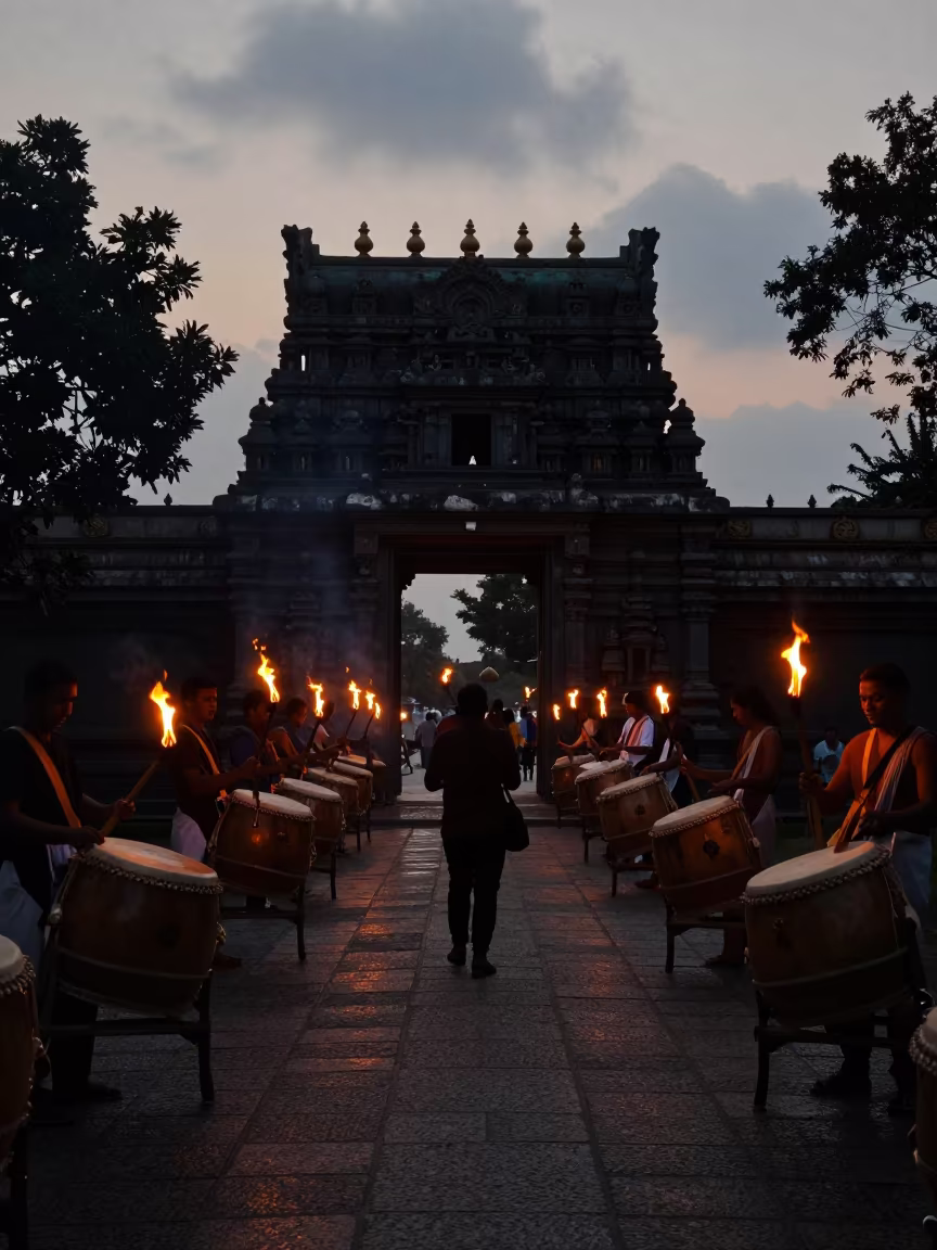 Temple Festival Torches Approach Gopuram Gate Dawn in at a shrine entrance in Hubei