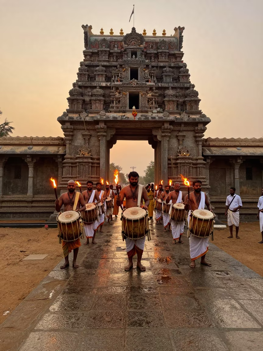 Temple Festival Torches Approach Gopuram Gate at Sunset in at the edge of a sacred pool in Karnataka