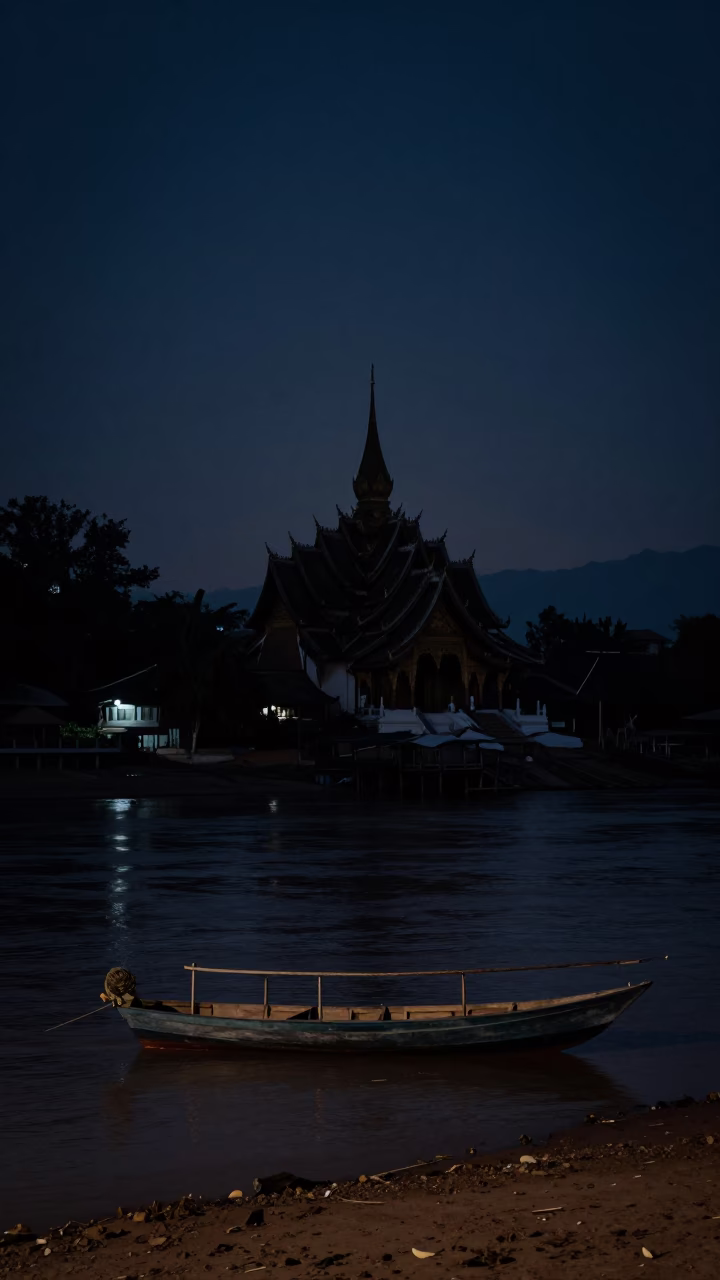 Temple Silhouette in Luang Prabang at Late At Night Light in in Luang Prabang, Laos