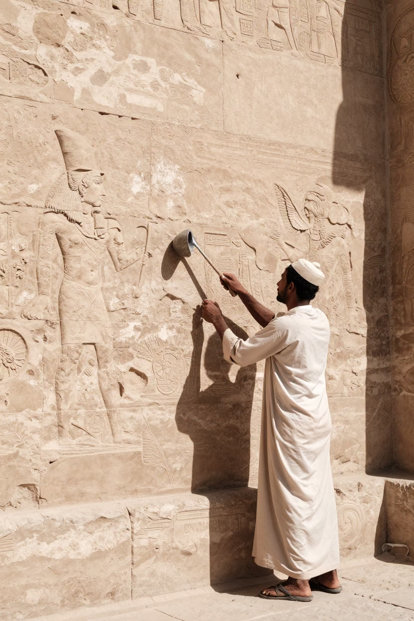 Temple Wall at The Flat Glare Of Noon Light in Luxor in in Luxor, Egypt