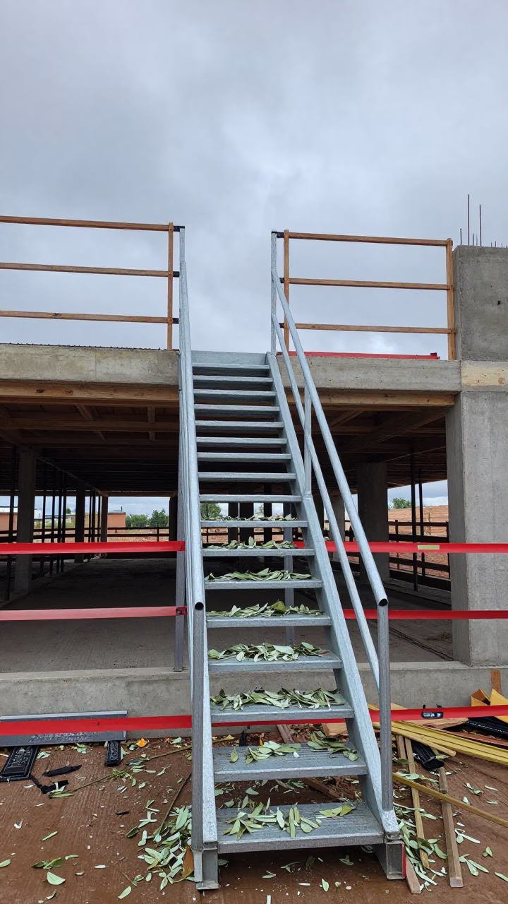 Temporary Staircase Under Autumn Clouds in New Mexico in along a scaffolded facade in New Mexico
