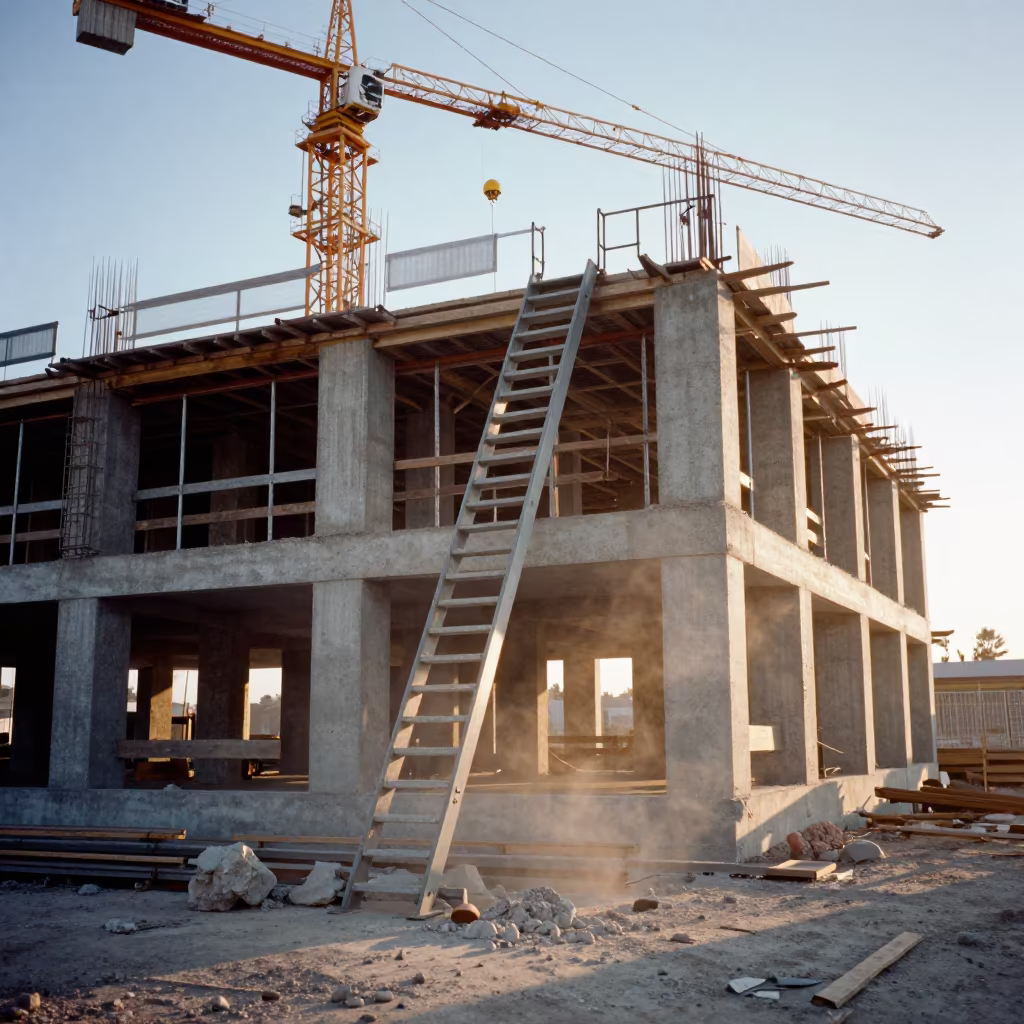 Temporary Staircase Under Crane at Dawn in beneath a tower crane on open ground in Dutse