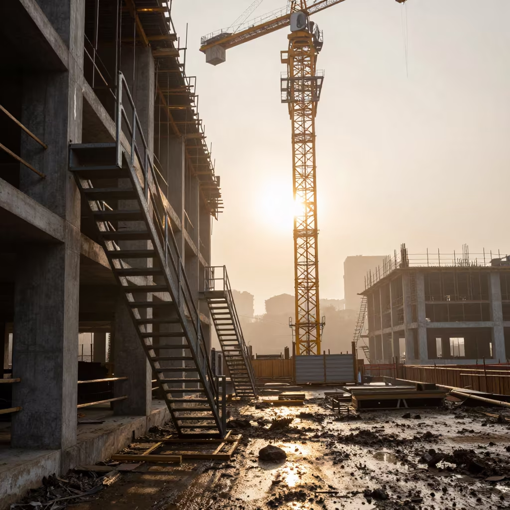 Temporary Staircase Under Crane in Mexico City in beneath a tower crane on open ground near Doctores, Mexico City